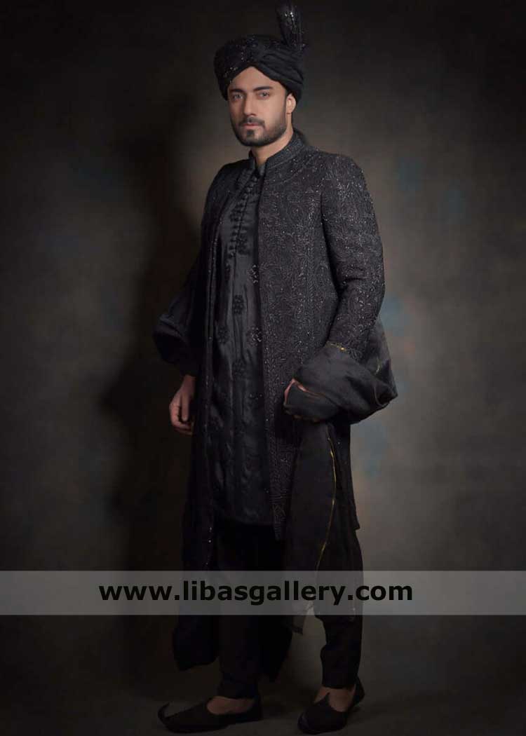 5 Star Jet black Raw silk Wedding Sherwani for Groom, Black timeless Nikah Sherwani embellished Perth Sugarland Dubai Glasgow Ontario